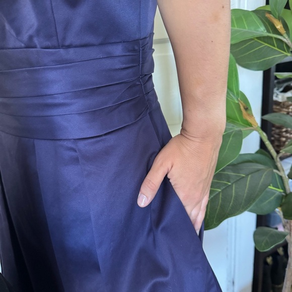 David's Bridal Plum Pleated Midi Dress with Pockets - Picture 5 of 8